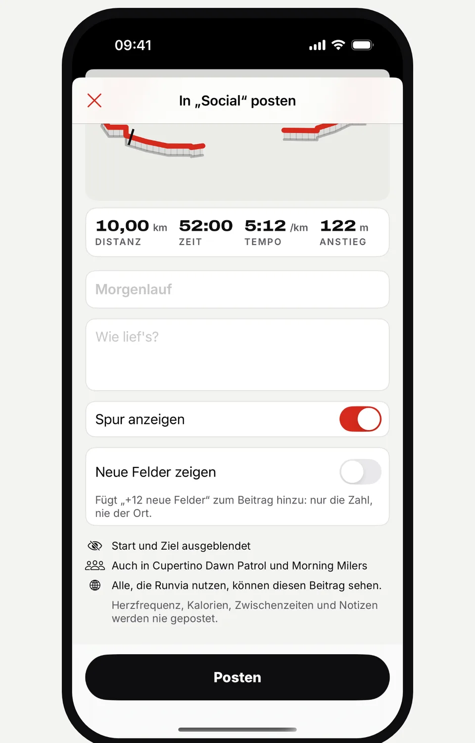Runvia-Bildschirm zum Posten in „Social“ mit den Optionen „Spur anzeigen“ und „Neue Felder zeigen“