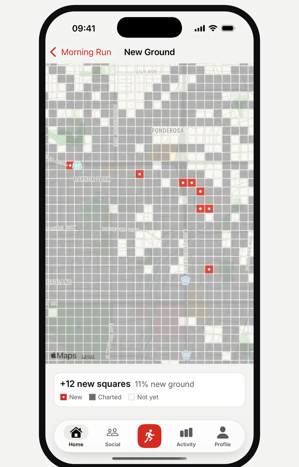 Runvia New Ground map with new squares highlighted in red