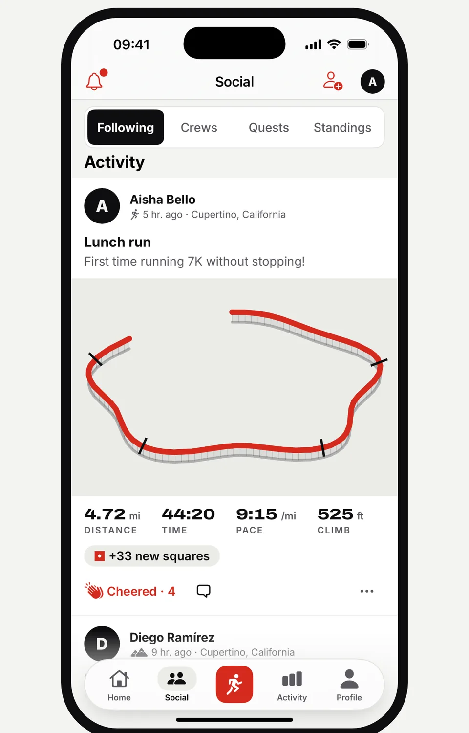 Runvia social feed with a friend's run, trace and cheers