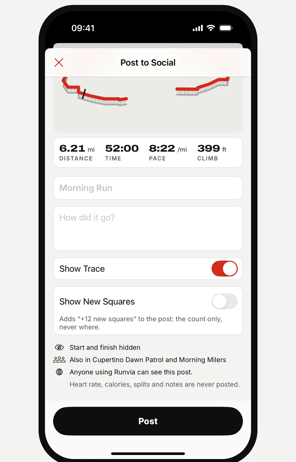 Runvia Post to Social screen with Show Trace and Show New Squares options