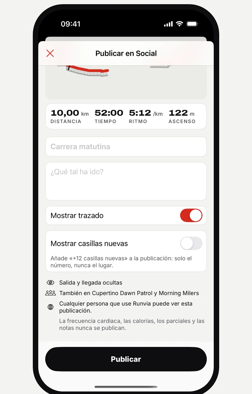 Pantalla Publicar en Social de Runvia con las opciones Mostrar trazado y Mostrar casillas nuevas