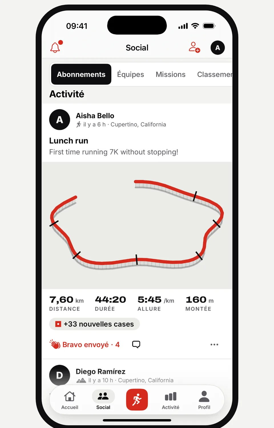 Fil social de Runvia avec la course d’un ami, son tracé et des bravos