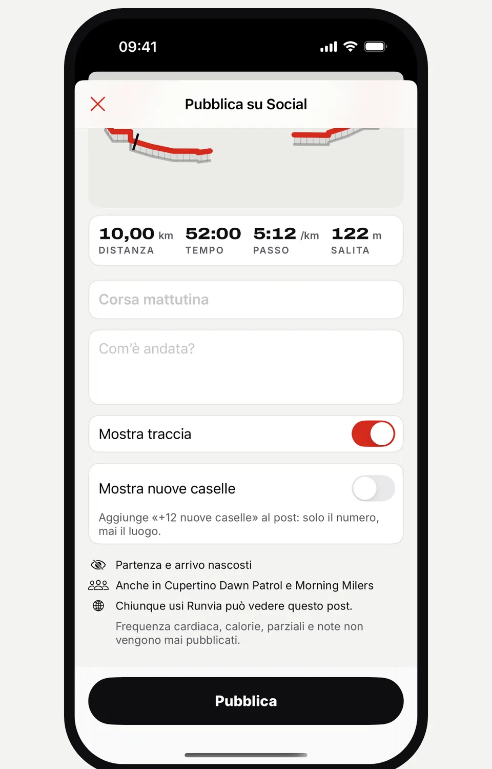 Schermata Pubblica su Social di Runvia con le opzioni Mostra traccia e Mostra nuove caselle