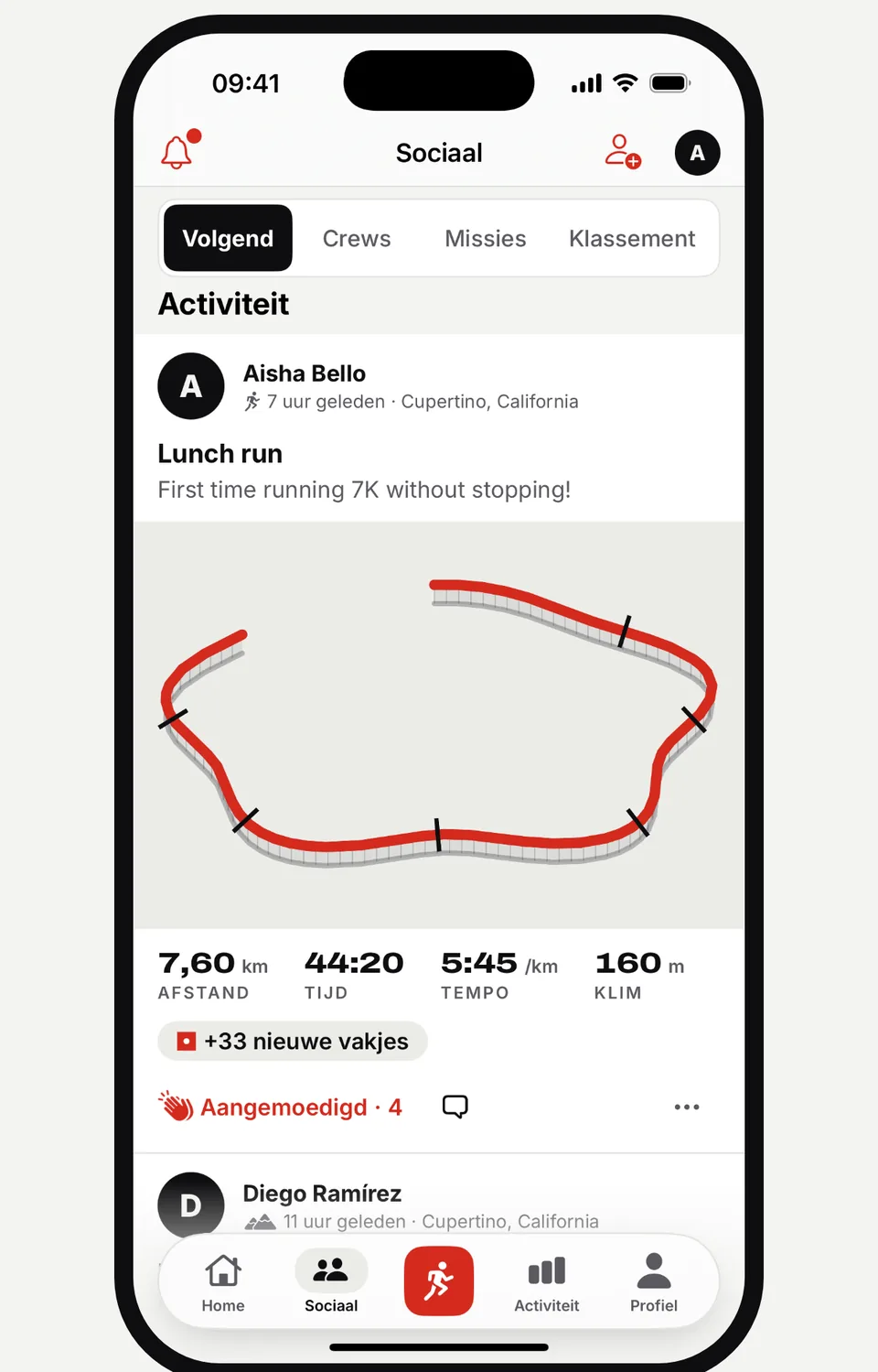 Sociale feed van Runvia met de run van een vriend, het spoor en aanmoedigingen