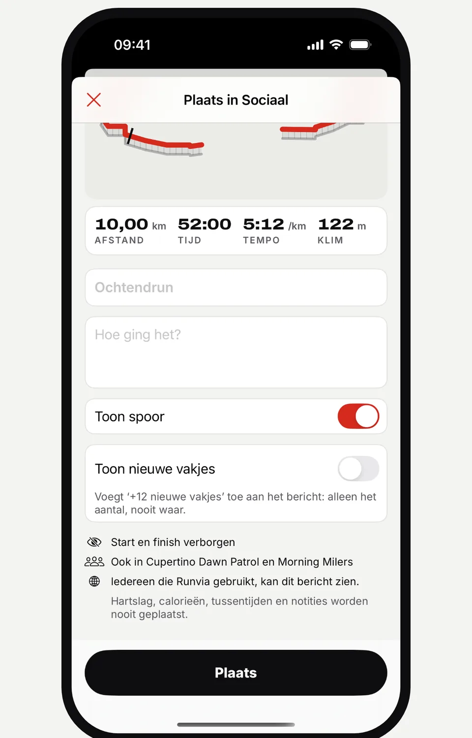 Scherm Plaats in Sociaal in Runvia met de opties Toon spoor en Toon nieuwe vakjes