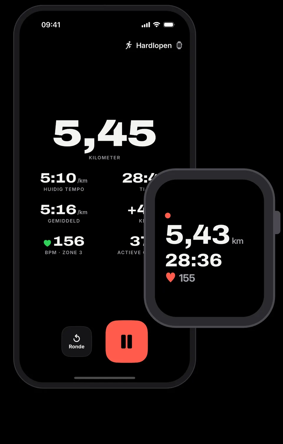 Runvia op iPhone en Apple Watch met afstand, tijd en hartslag