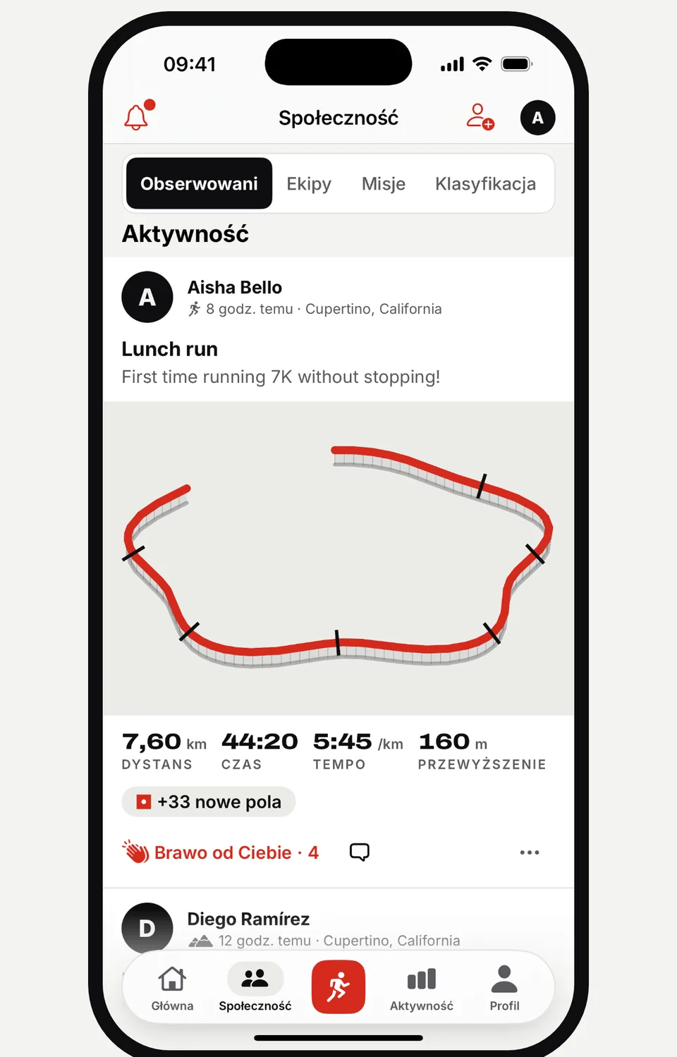 Kanał Społeczność w Runvia z biegiem znajomego, jego śladem i brawami