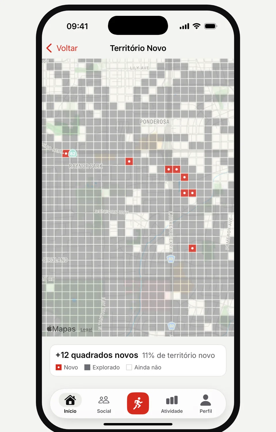Mapa Território Novo do Runvia com quadrados novos destacados em vermelho