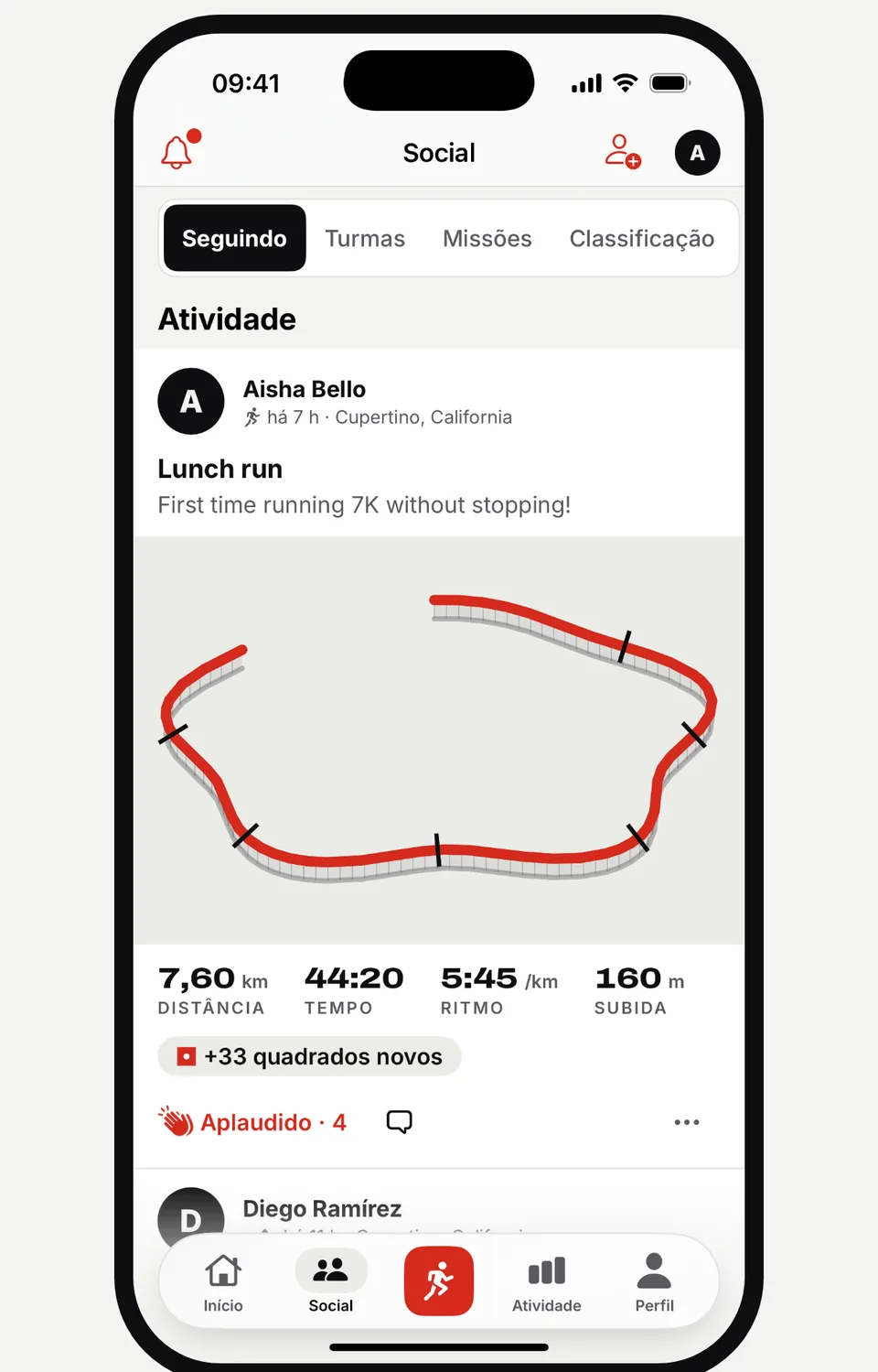 Feed social do Runvia com a corrida de um amigo, o traçado e aplausos