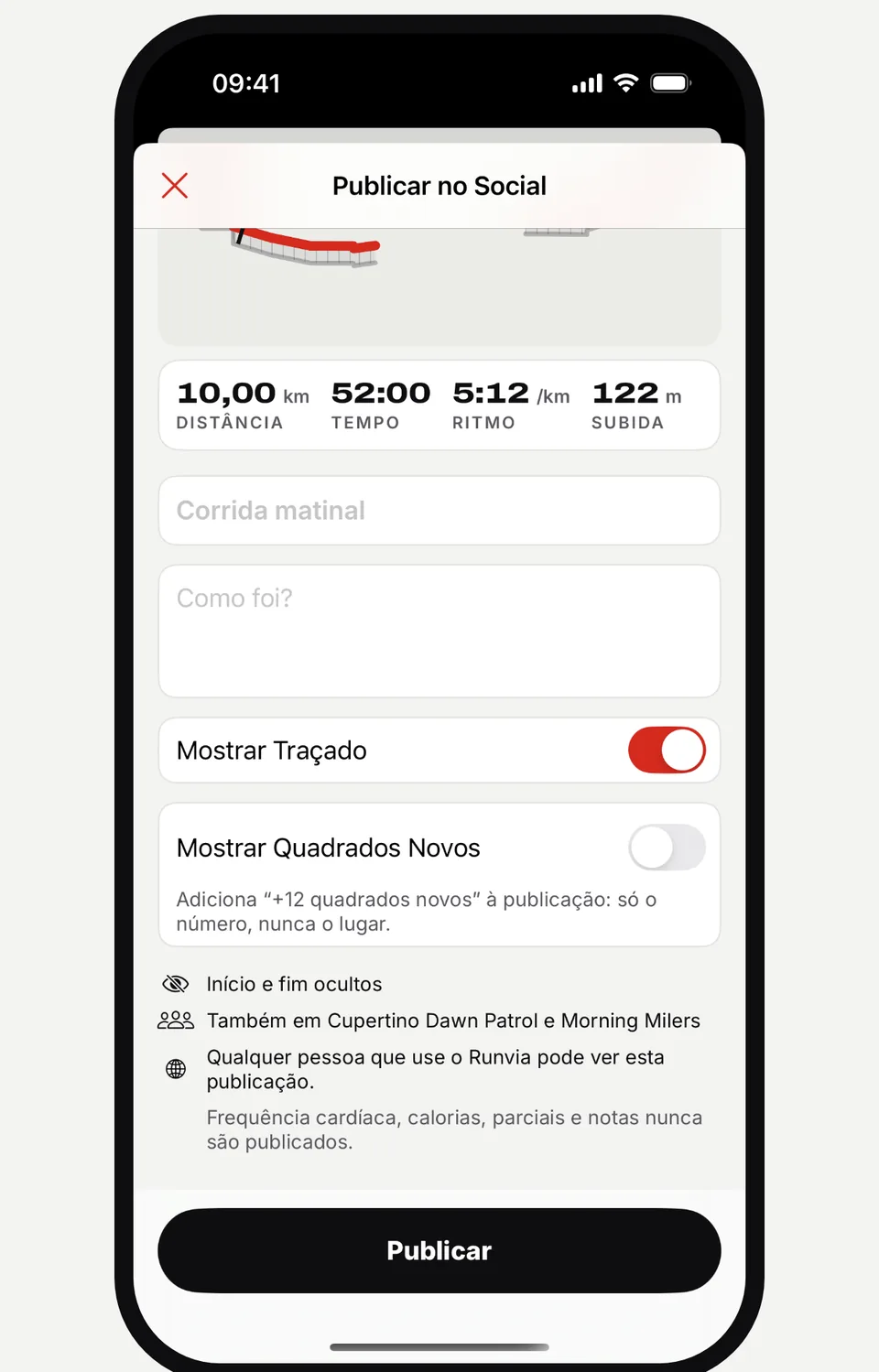 Tela Publicar no Social do Runvia com as opções Mostrar Traçado e Mostrar Quadrados Novos