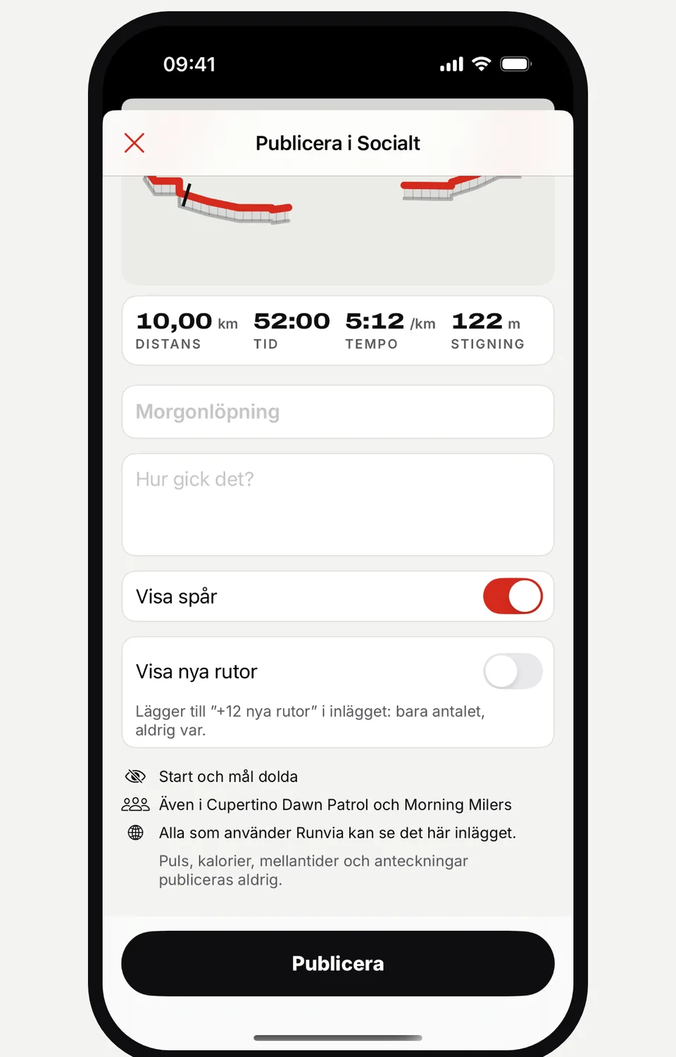 Runvias skärm Publicera i Socialt med alternativen Visa spår och Visa nya rutor