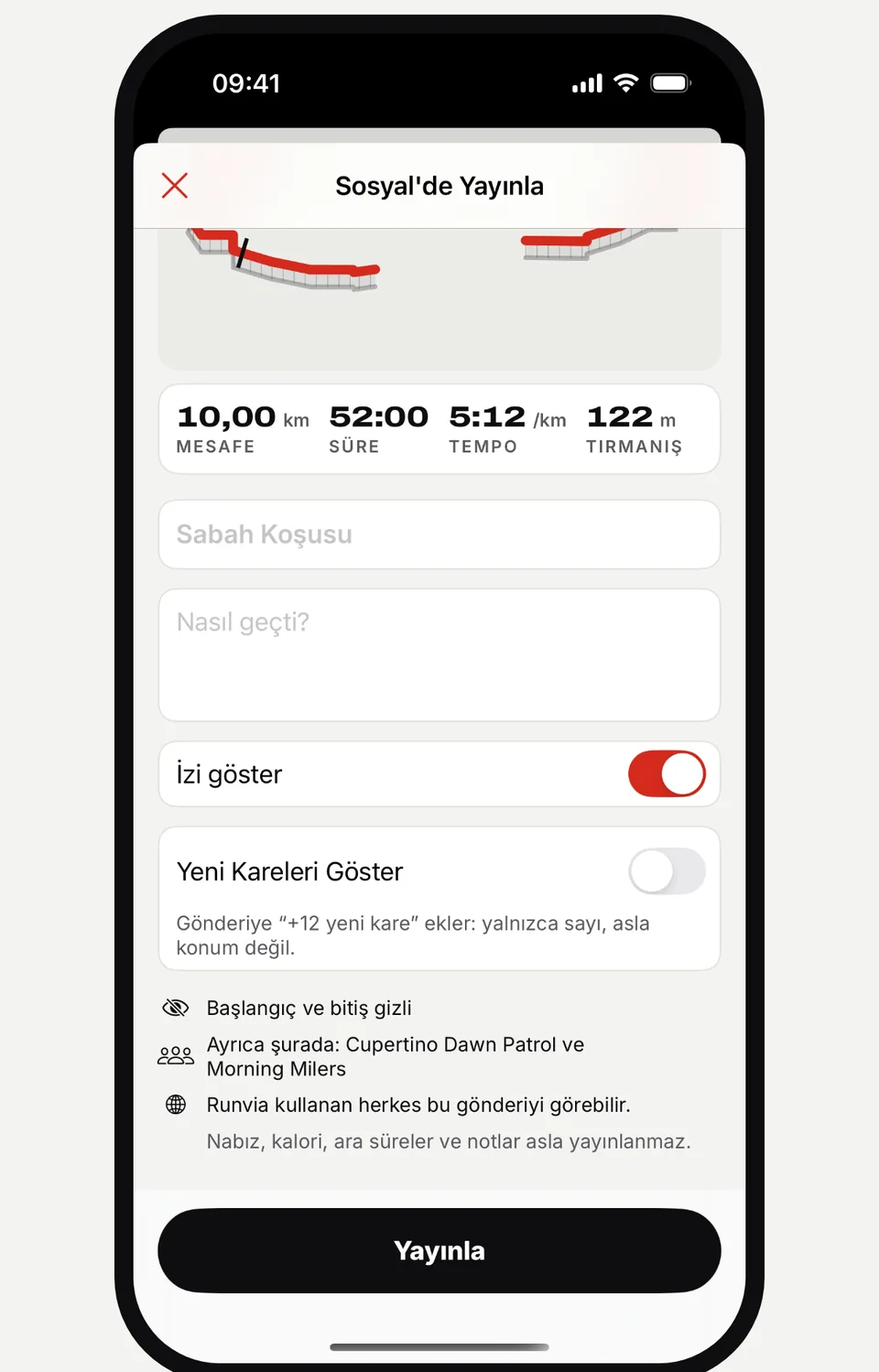 İzi göster ve Yeni Kareleri Göster seçenekleriyle Runvia Sosyal'de Yayınla ekranı